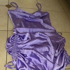 Lavender Satin Ruched Cowl Neck Mini Dress